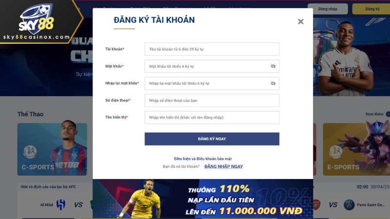 Điền chính xác thông tin theo yêu cầu để hoàn tất đăng ký Sky88