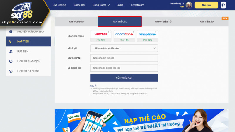 Nạp tiền Sky88 thông qua thẻ cào là phương thức phổ biến 2025